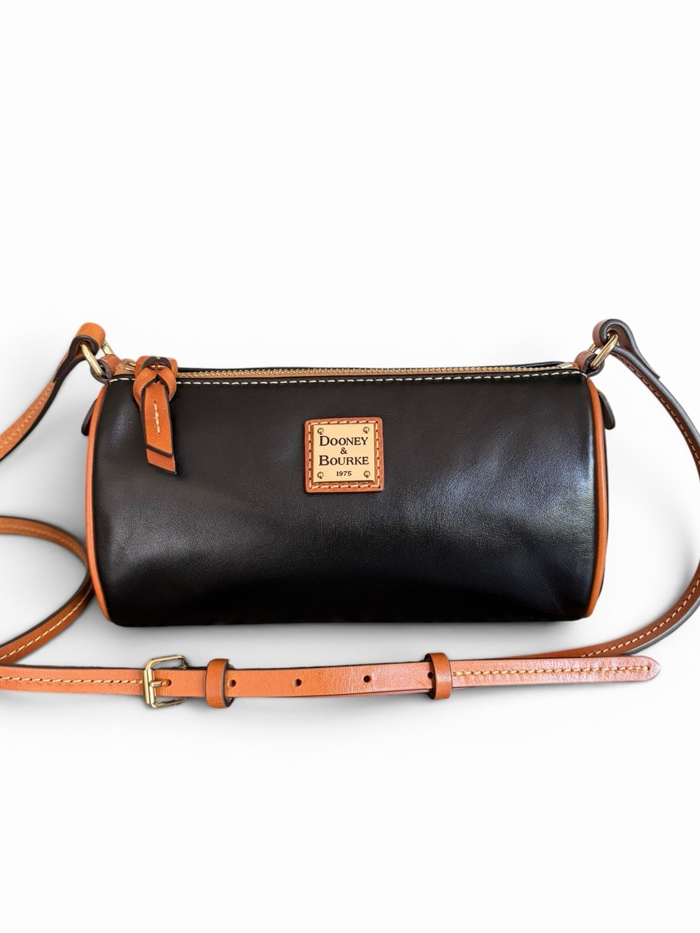Dooney & Bourke Buffy Crossbody Black with Tan Trim Leather Barrel Crossbody - Picture 2 of 16